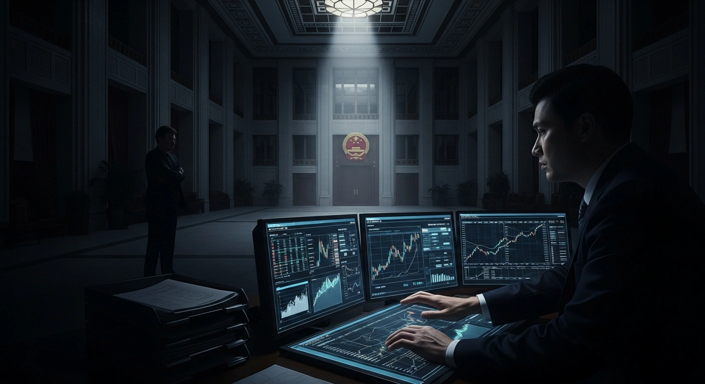 In a dimly lit, opulent Chinese government office, a stern hand representing Chinese regulators scrutinizes complex financial data on a digital interface, while the anxious outline of a foreign firm is visible in the shadows, symbolizing increased oversight of foreign firms in the ETF market.