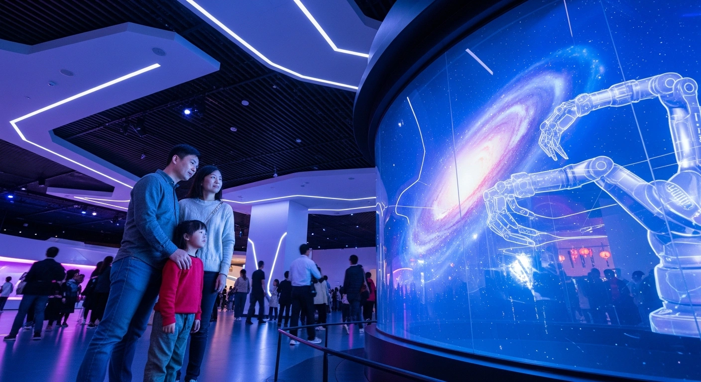 A diverse Chinese family, including a child, stands in a modern, bustling science and technology museum atrium, looking up in awe at a large, glowing holographic exhibit during the Spring Festival holiday, symbolizing the significant visitor surge and China's commitment to science popularization.
