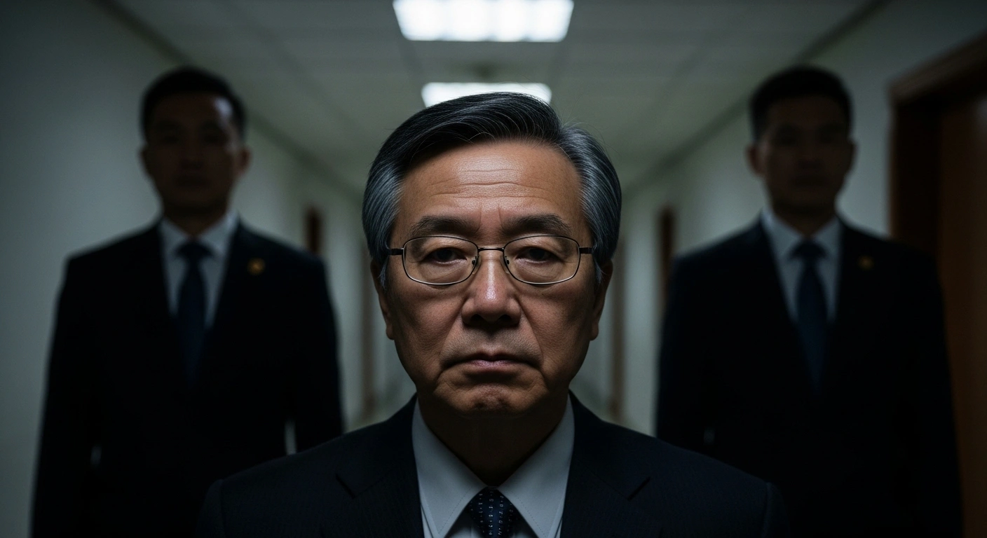 A distinguished Chinese scientist, Yu Faxin, known for military chip development, is depicted in a stark government corridor, being detained by two anonymous figures in dark suits, symbolizing anti-corruption authorities.