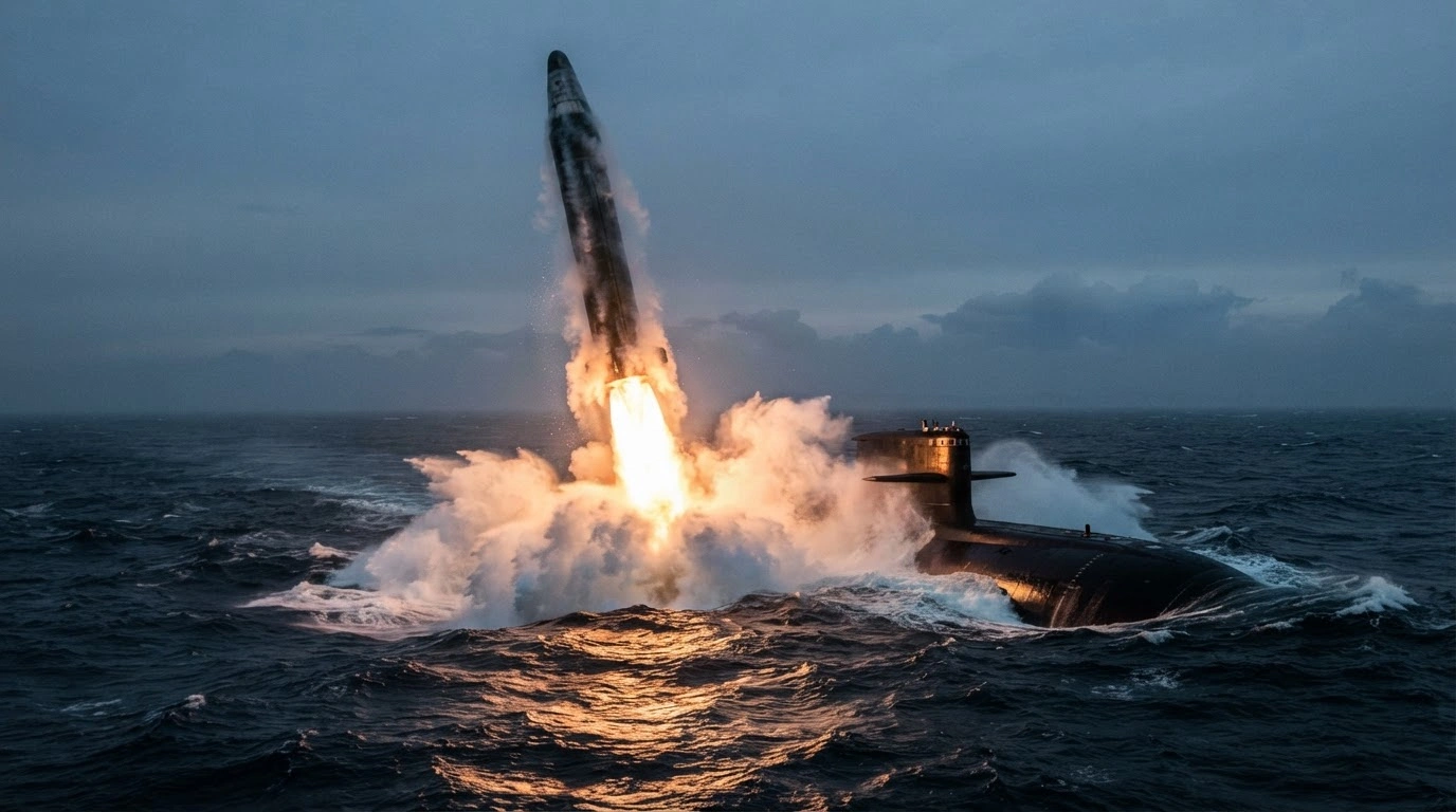 A Chinese nuclear-powered submarine launches an intercontinental ballistic missile during a strategic naval training exercise.