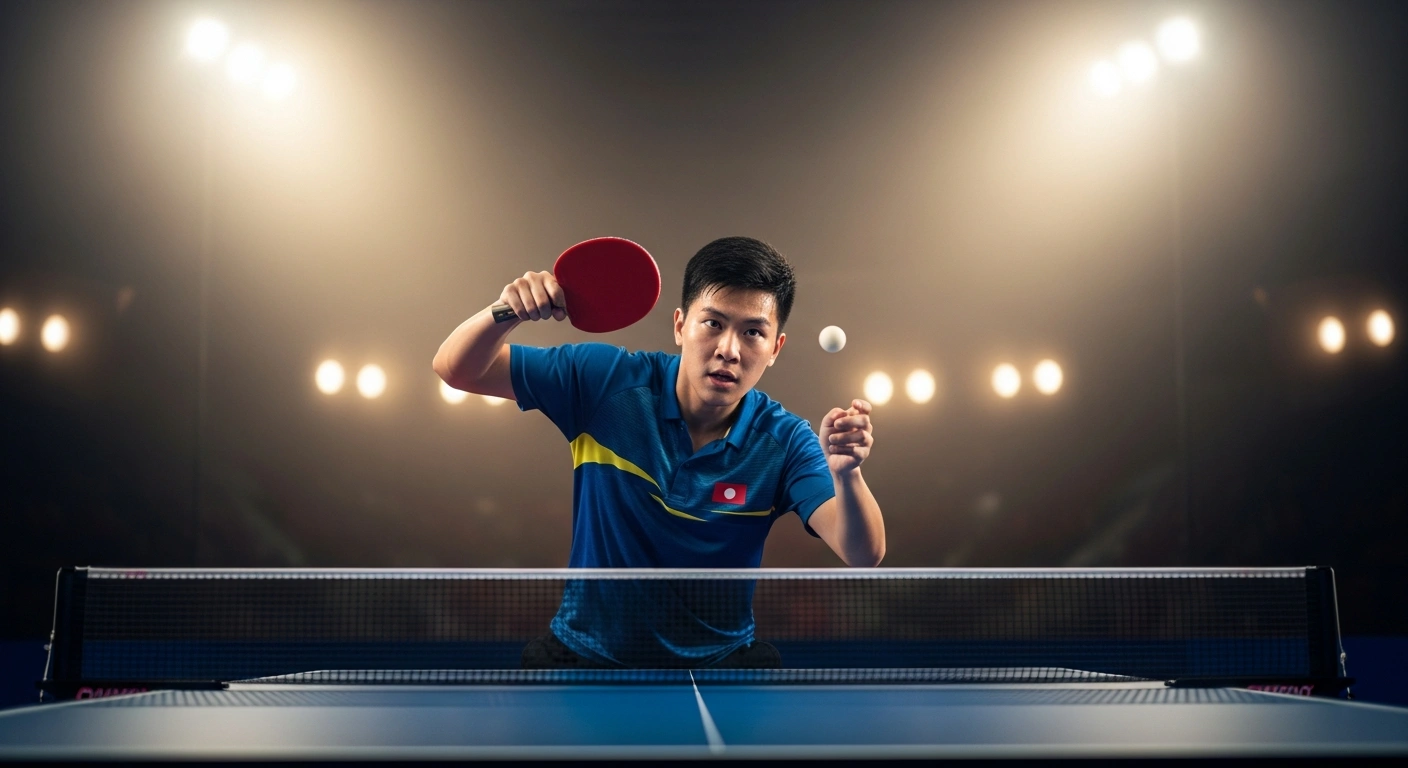A professional Chinese table tennis player executes a powerful serve during the ITTF World Cup tournament in Macao.