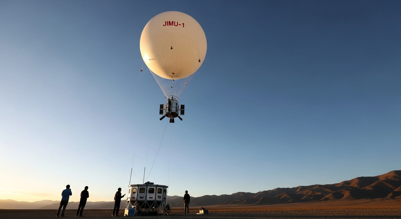 A large 'Jimu-1' tethered balloon, carrying multiple scientific payloads, ascends into the vast sky above the Qinghai-Xizang Plateau at golden hour, observed by Chinese scientists at a ground station conducting an atmospheric observation experiment.
