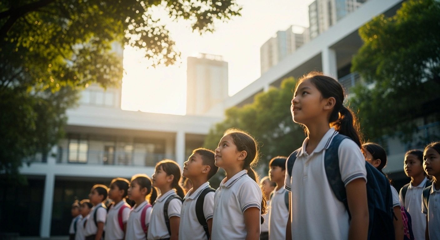 A group of young Chinese students standing together in a sunlit courtyard representing the future generation encouraged by President Xi Jinping.