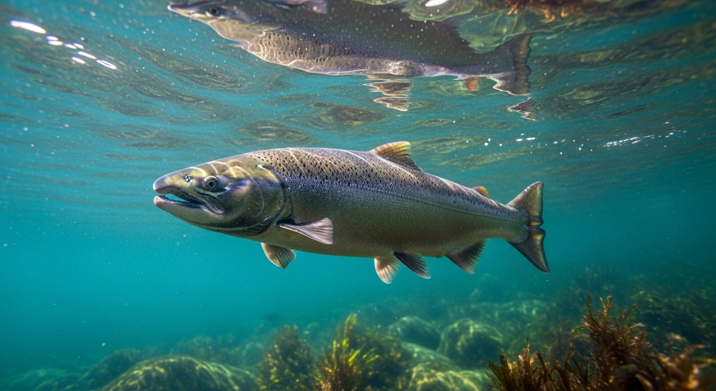A Pacific Chinook salmon with a clipped adipose fin swims through clear coastal waters as part of a Canadian government conservation and marking program.