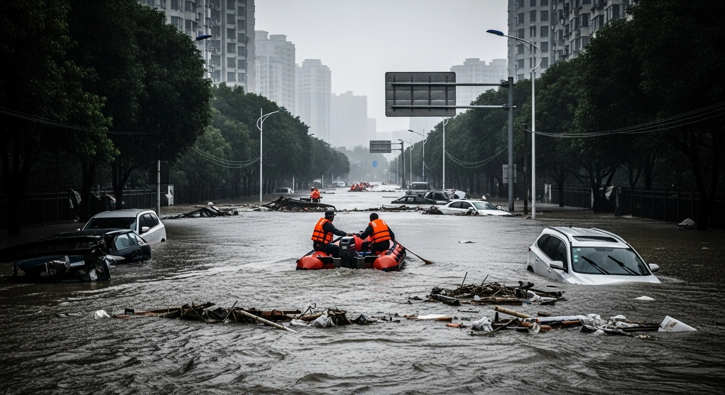 Emergency rescue workers navigate a flooded street in the Yongchuan district of Chongqing following severe rainfall and infrastructure damage.