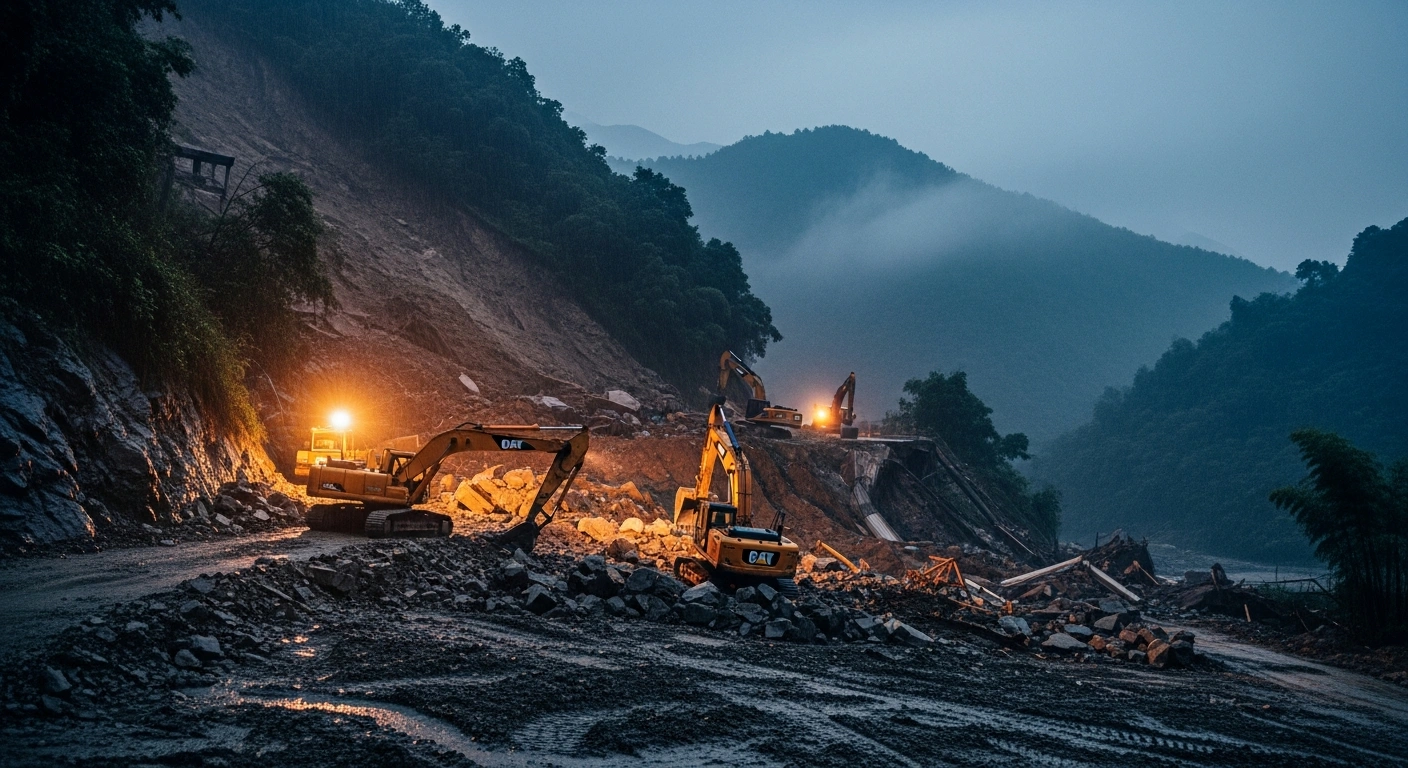 Heavy machinery clears debris from a landslide-damaged road in Chongqing following severe rainfall and disaster recovery efforts.