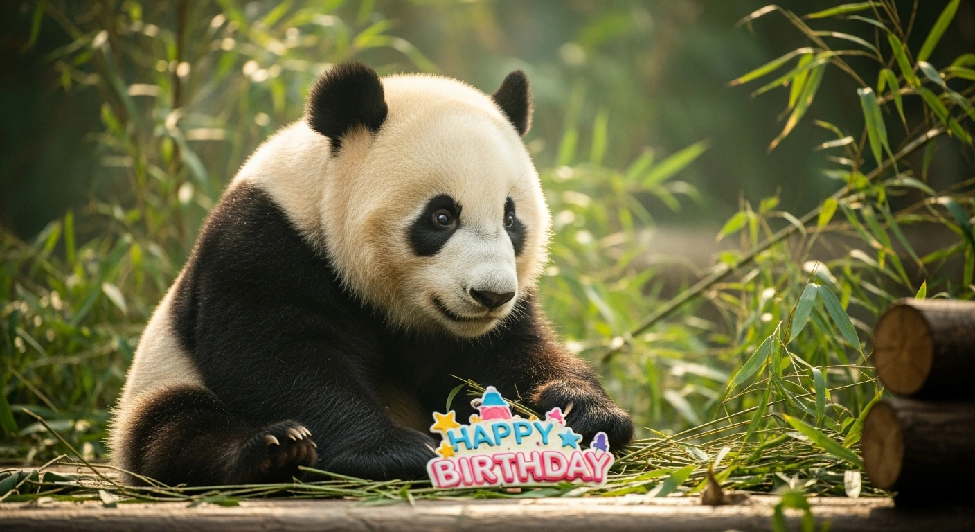 A giant panda cub named Wang Shu sits in a decorated enclosure at the Chongqing Zoo while celebrating her first birthday.