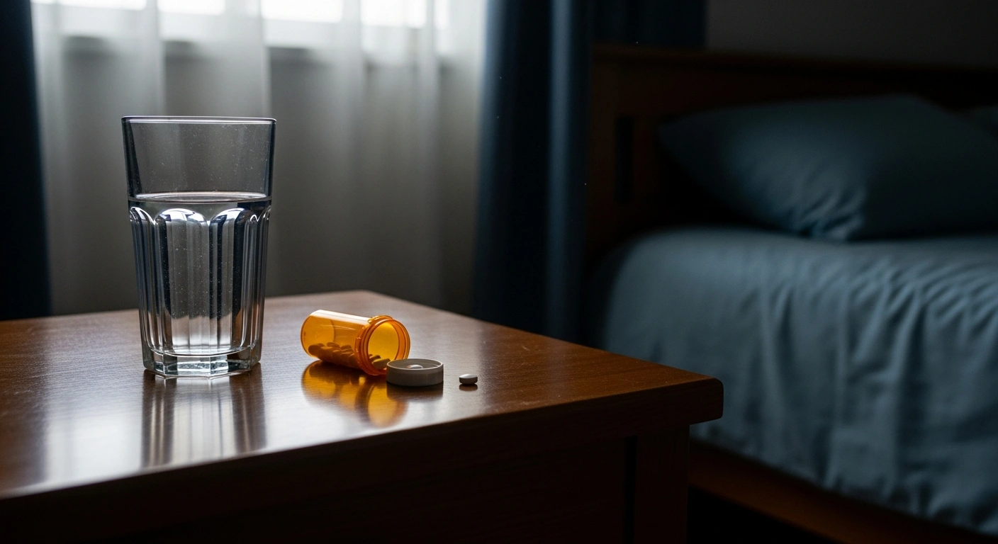 A close-up shot shows an overturned pill bottle and a half-empty glass of water on a bedside table, symbolizing the urgent need for daily medication for 85-year-old Chris Baghsarian, who was abducted from his North Ryde home in a case of mistaken identity, prompting an appeal from NSW Police.