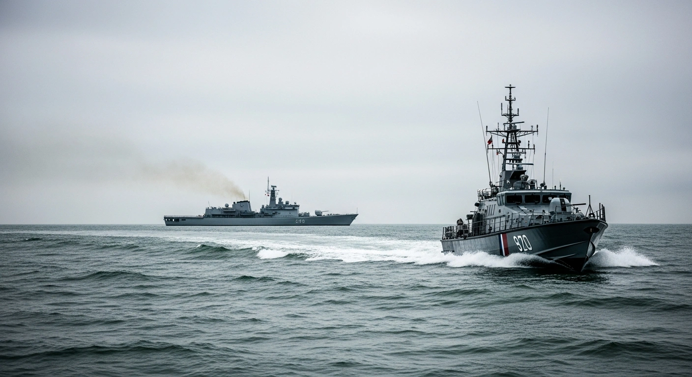 A small boat navigates the choppy English Channel near a French navy vessel following reports of warning shots fired during an observation trip by Conservative MP Chris Philp.