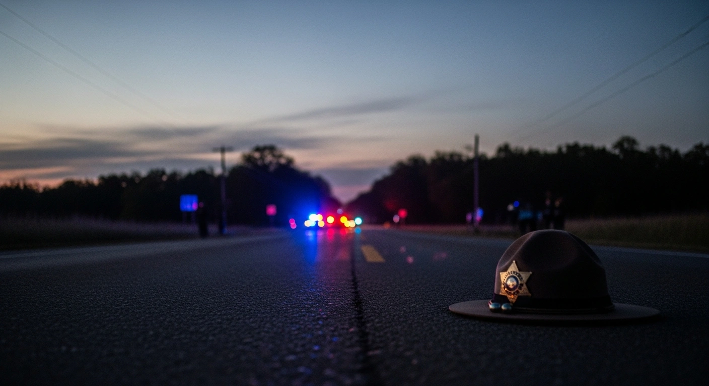 A somber, wide-angle view of a rural Missouri road at dusk, with distant emergency lights, symbolizing the tragic aftermath of an incident where Christian County sheriff's deputies Gabriel Ramirez and Michael Hislope were fatally shot, and others wounded, following a traffic stop and subsequent manhunt for suspect Richard Dean Bird.