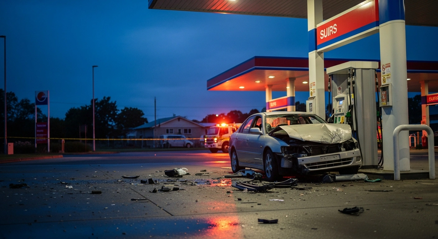 A damaged car sits at a petrol station in Christies Beach after a crash, with emergency services present at the scene.