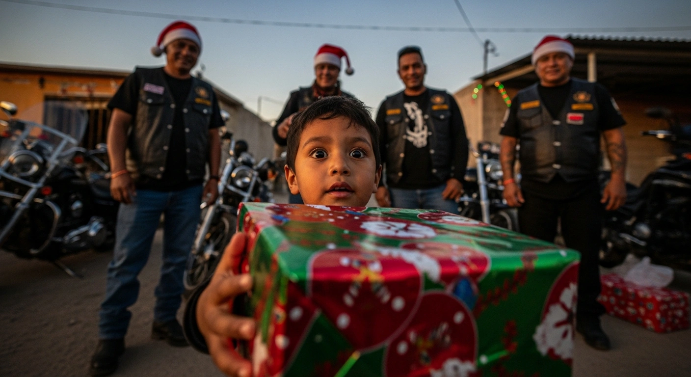 Coaches, volunteers, and members of 'Un Pedacito Del Cielo' and motorcycle club 'Los Zainos' distribute Christmas presents to hundreds of children in underprivileged neighborhoods of Agua Prieta, Sonora, Mexico, on December 24, 2025, bringing holiday cheer.