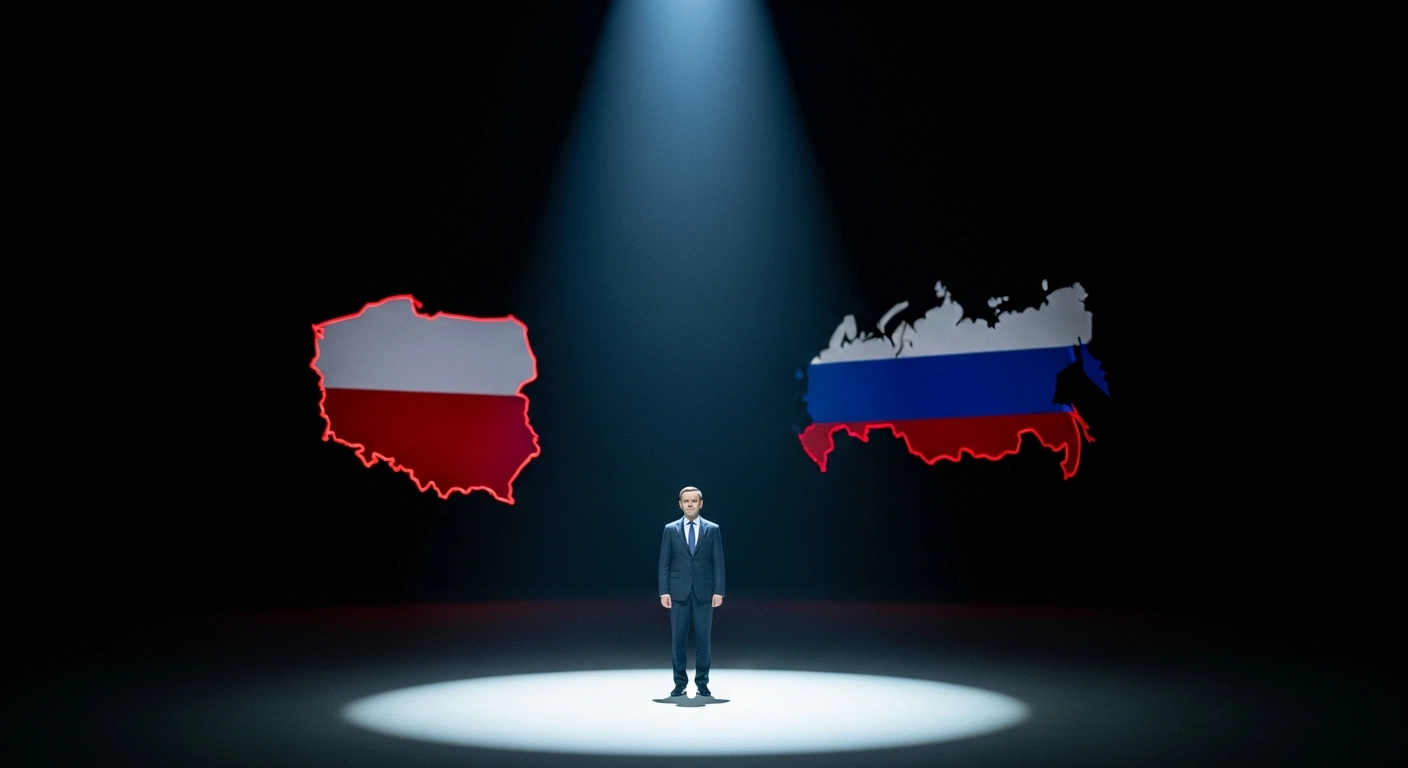 A German politician, Tino Chrupalla, stands under a dramatic spotlight on a dark stage, with a subtly illuminated, stylized Polish national symbol in the background, while a faded, obscured Russian national symbol remains in deep shadow, illustrating his controversial statements about threats to Germany.