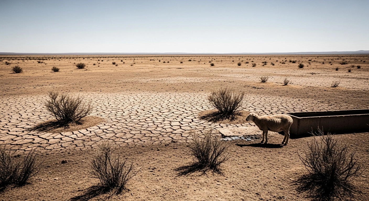 A parched landscape in the province of Chubut, Argentina, shows the severe impact of a prolonged drought on agricultural land.