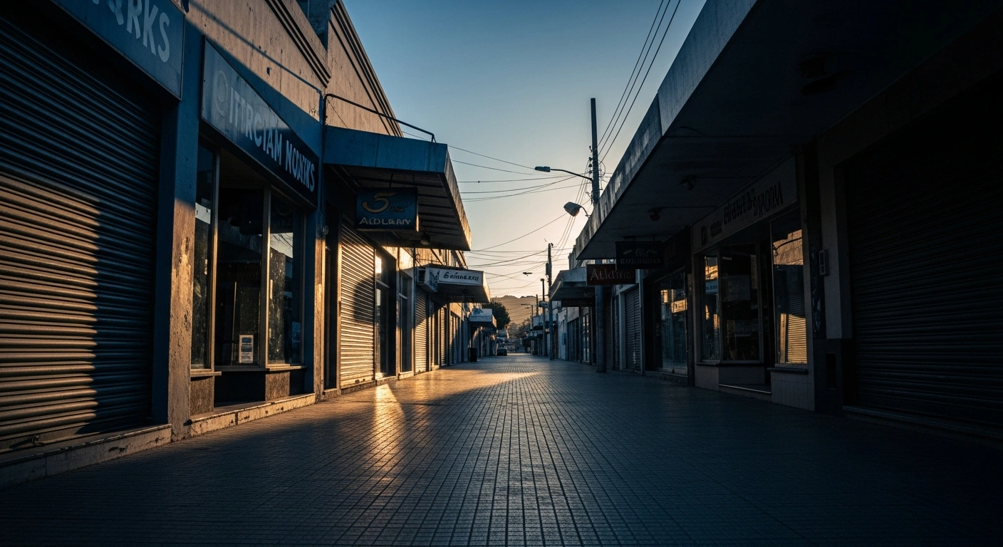 A quiet and empty retail street in the Argentine province of Chubut reflects the impact of declining local commerce and reduced consumer purchasing power.