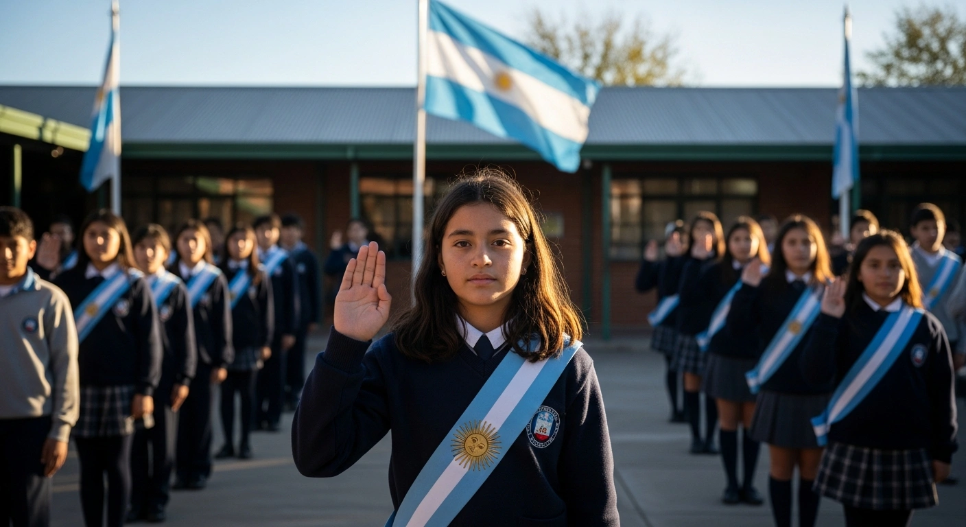 Argentine students participate in a formal ceremony in Chubut to pledge their loyalty to the national and provincial flags.