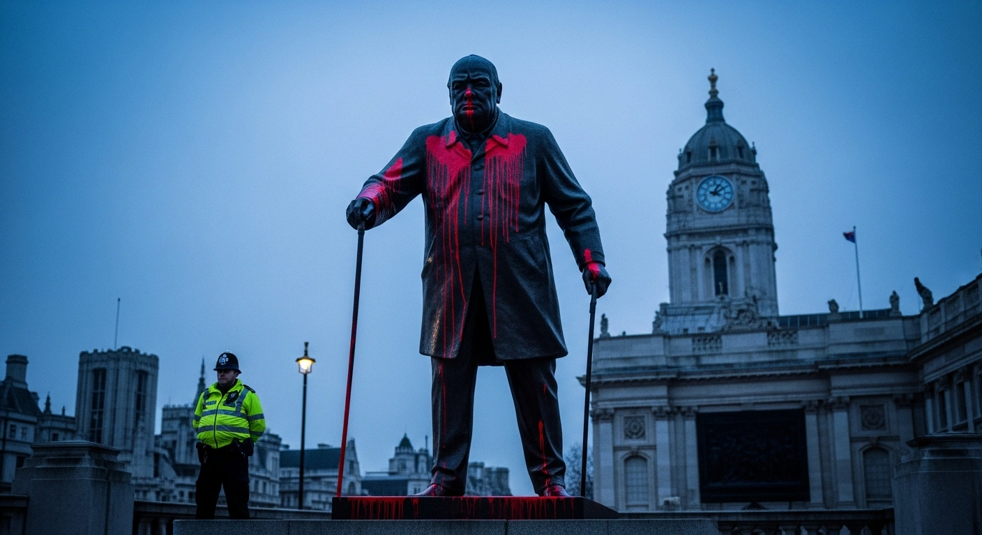A low-angle view of the Winston Churchill statue in London's Parliament Square, illuminated by pre-dawn light, showing its bronze surface defaced with streaks of red paint, with a police officer standing guard nearby, following an arrest for vandalism.