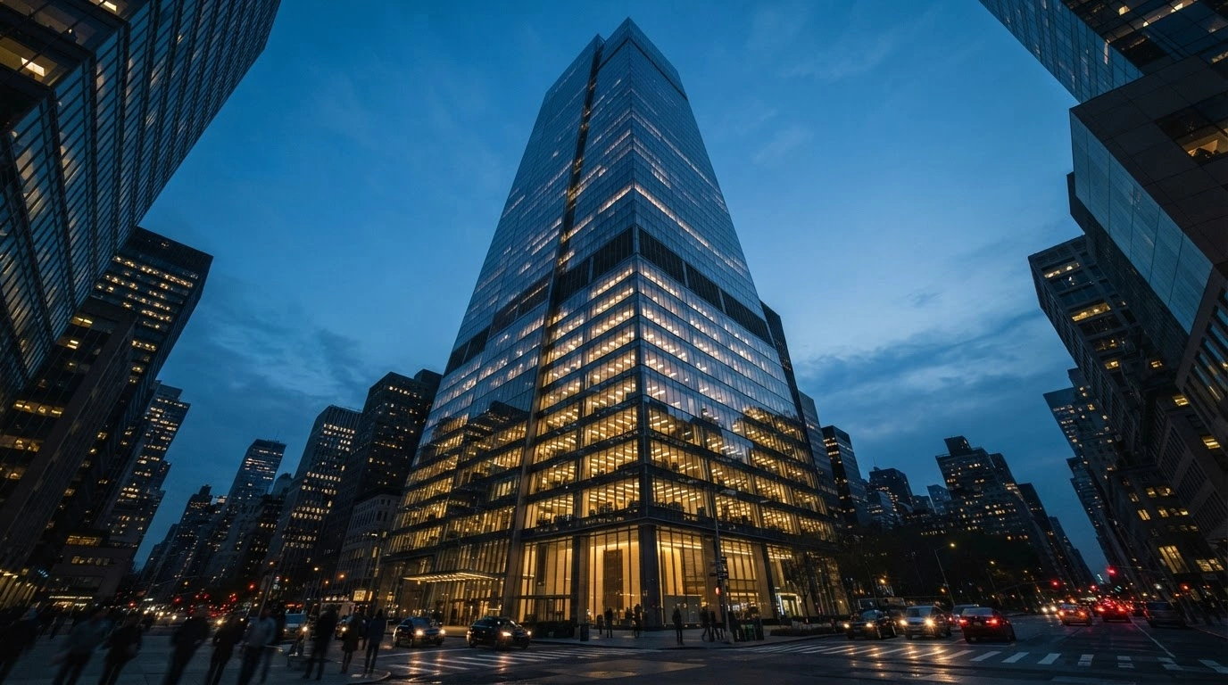 A modern glass skyscraper in a financial district represents the strategic merger and ownership restructuring of China International Capital Corporation involving China Orient and China Cinda Asset Management.