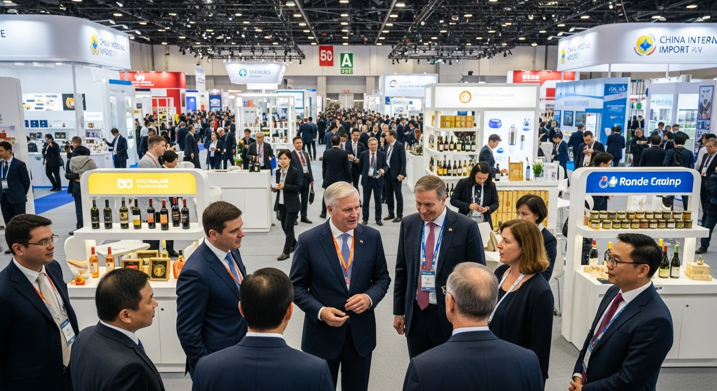 A wide, dynamic shot from an elevated angle shows a bustling, brightly lit exhibition hall at the 8th China International Import Expo (CIIE) in Shanghai, where Australian delegates, led by Trade Minister Don Farrell, engage in conversation with Chinese counterparts amidst vibrant displays of Australian food, agribusiness, and consumer goods, symbolizing strong bilateral trade interest.
