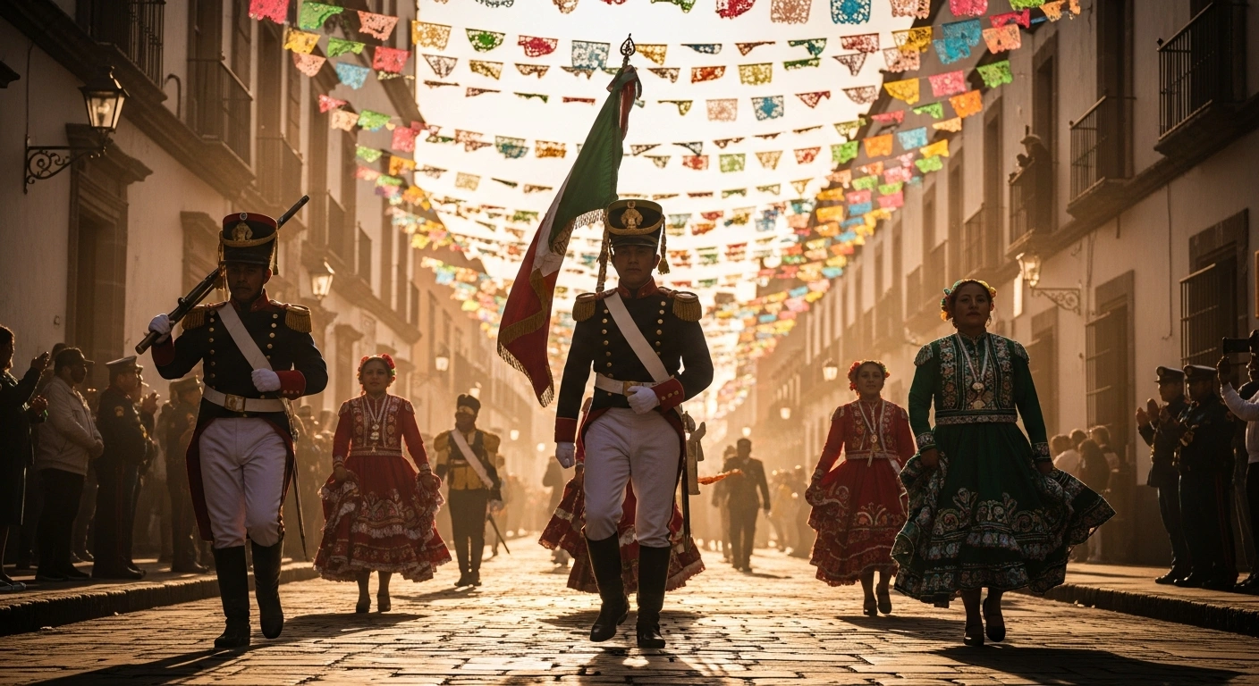 Performers in traditional military uniforms and colorful regional clothing participate in a Cinco de Mayo parade in Puebla to commemorate the Battle of Puebla.