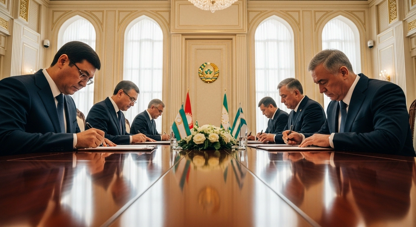 Heads of State from the Commonwealth of Independent States are depicted in a grand, ornate conference hall in Dushanbe, Tajikistan, gathered around a polished table, signing various agreements on counter-terrorism, border security, military cooperation, and economic development during their summit.