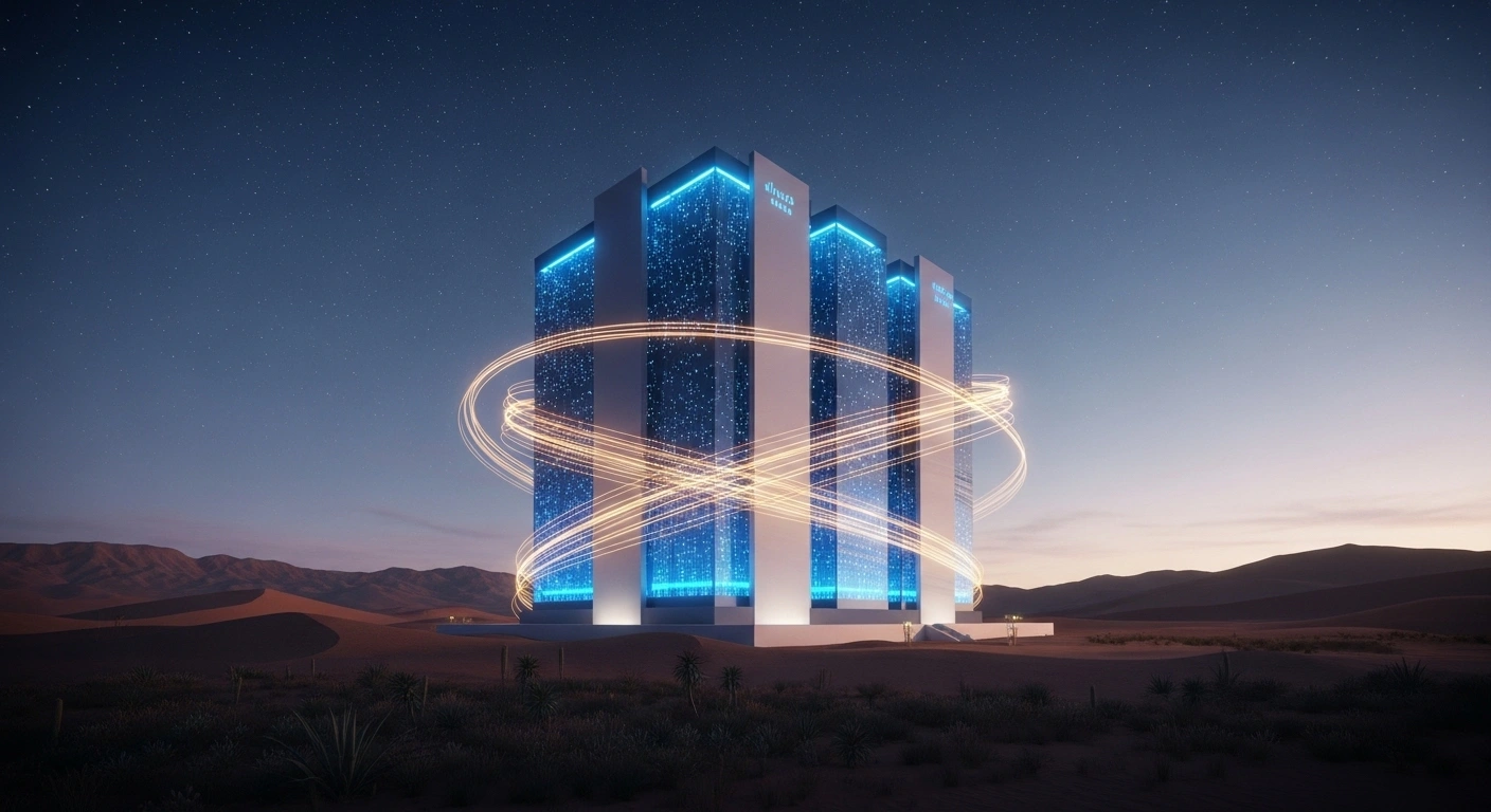 A futuristic, deep-blue glowing data center, symbolizing the secure, end-to-end AI infrastructure developed through the collaboration of Cisco and UAE-based G42, stands in a stylized desert landscape at dusk, powered by advanced components like AMD's MI350X GPUs.