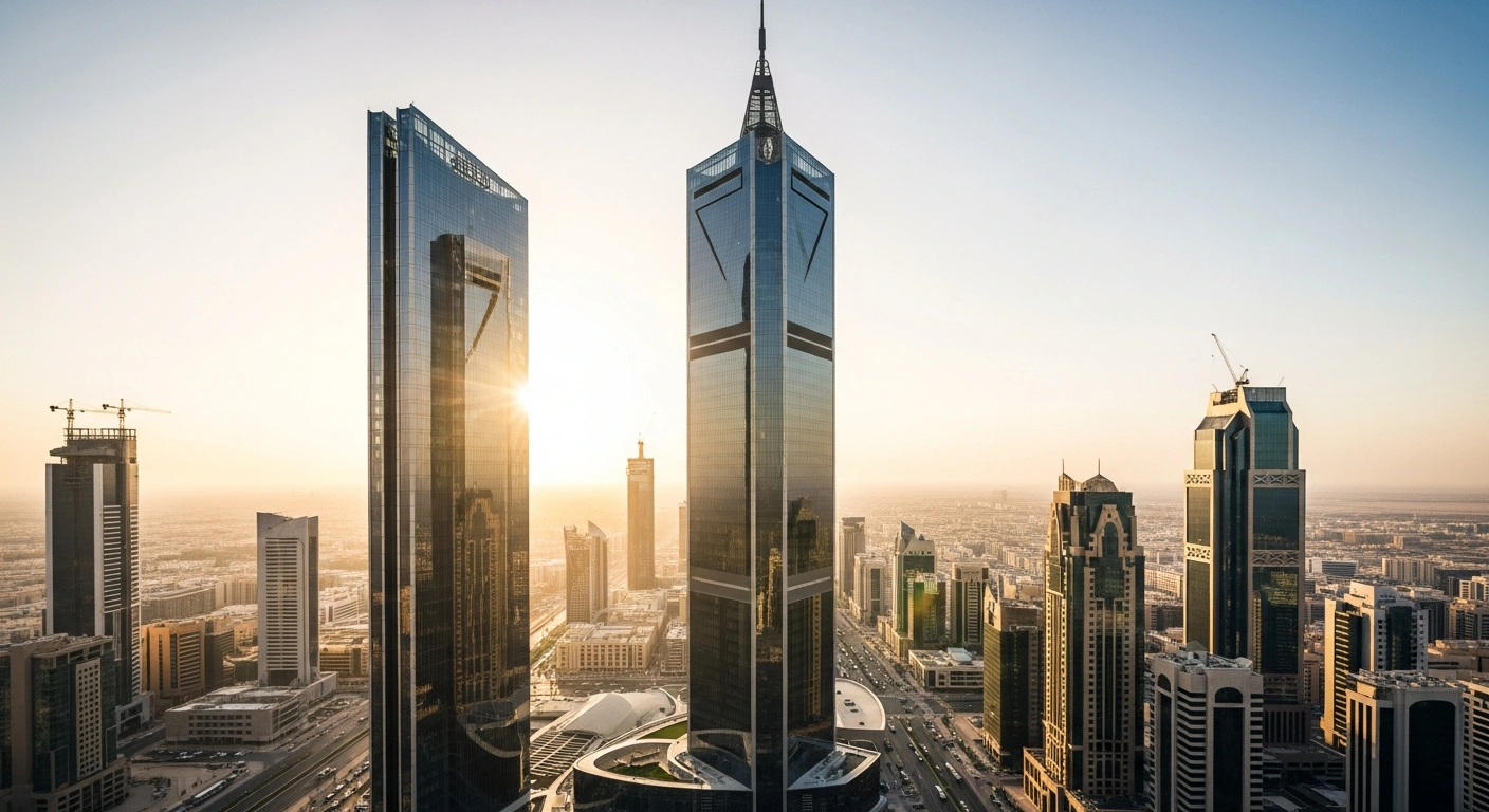 A vibrant, futuristic Riyadh cityscape at sunset, featuring gleaming skyscrapers and modern architectural marvels, visually represents Saudi Arabia's burgeoning real estate market and its role as a premier investment hub, aligning with the themes of Cityscape Global 2025 and Vision 2030 mega-projects.