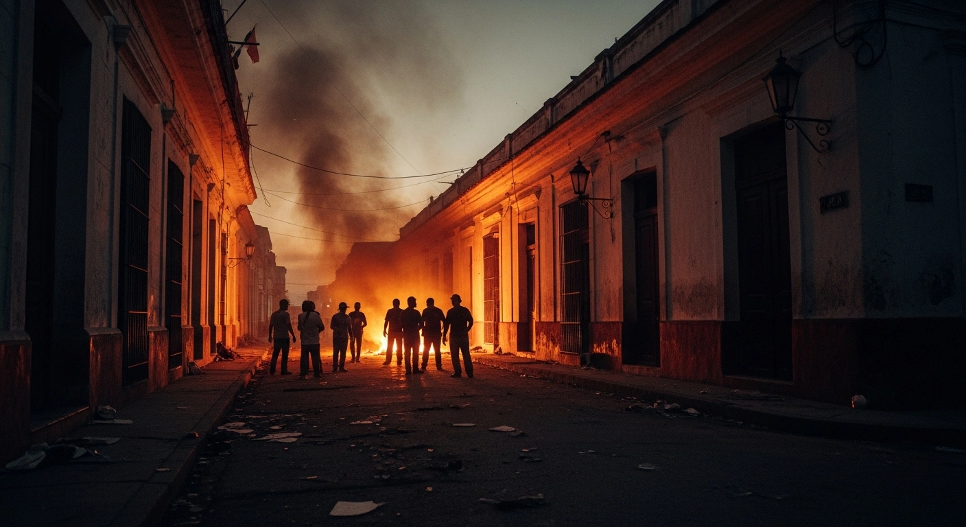 Protesters gather outside a damaged government building in Morón, Cuba, amid widespread civil unrest caused by power outages and food shortages.