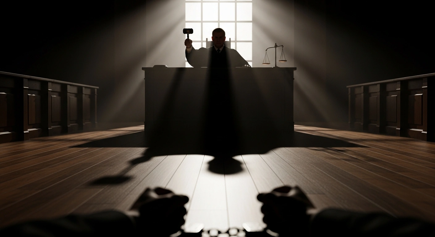 A stern-faced judge, gavel poised, casts a long shadow in a dramatically lit courtroom, with handcuffed wrists visible in the foreground, representing the legal proceedings against David Silva Palacios, 'El Chimpa,' a CJNG leader, for drug trafficking and illegal weapons possession.
