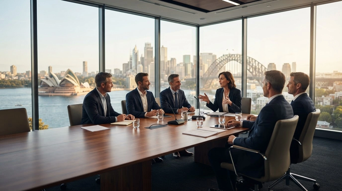A professional boardroom overlooking the Sydney skyline represents the successful shareholder approval of strategic financial resolutions for Clara Resources Australia Limited.