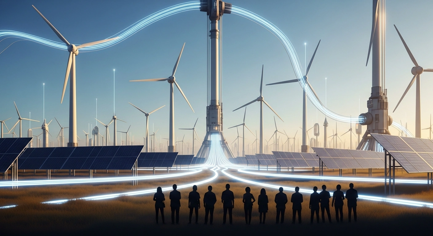 A wide, low-angle shot captures a futuristic landscape at golden hour, featuring sleek wind turbines and vast solar arrays seamlessly integrated with glowing energy conduits, symbolizing the Clean Energy Ministerial Future Fuels Action Plan endorsed by Belarus and 22 other countries at COP30 in Belém, Brazil, aiming to quadruple sustainable fuel use by 2035 through infrastructure development.