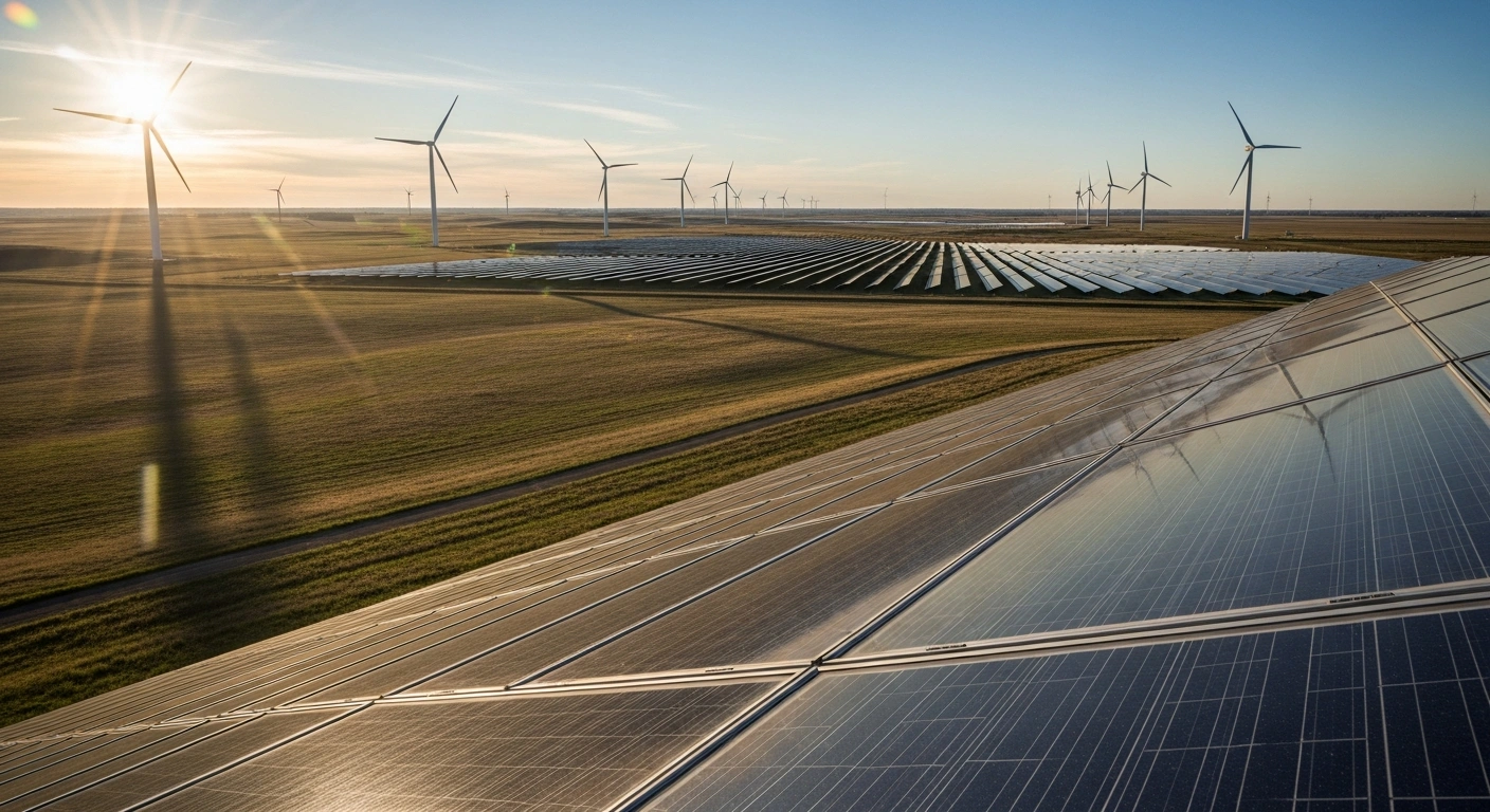 A landscape featuring wind turbines and solar panels in Alberta and Saskatchewan representing federal clean energy funding initiatives.
