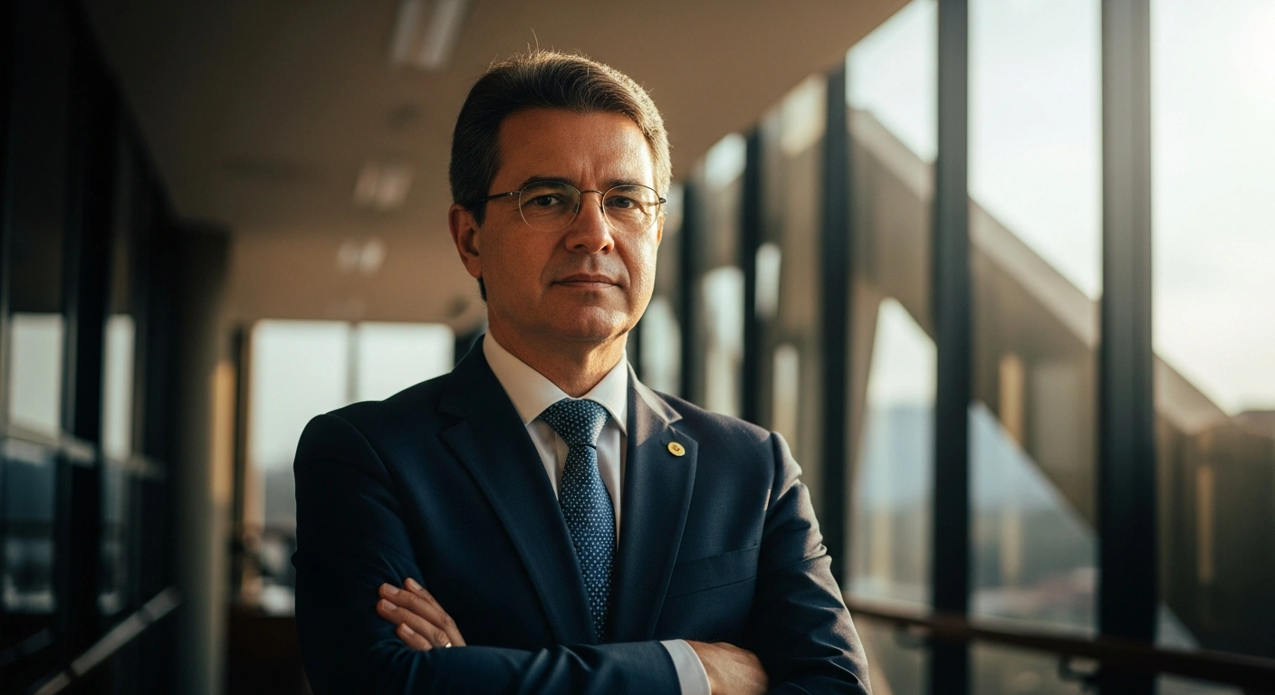 Senator Cleitinho Azevedo stands in a professional office setting as the official gubernatorial candidate for the Republicanos party in Minas Gerais, Brazil.