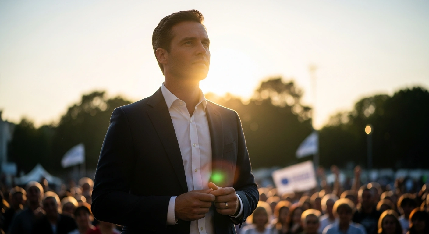 Senator Cleitinho Azevedo stands on a stage during a public event to announce his candidacy for the governorship of Minas Gerais, Brazil.