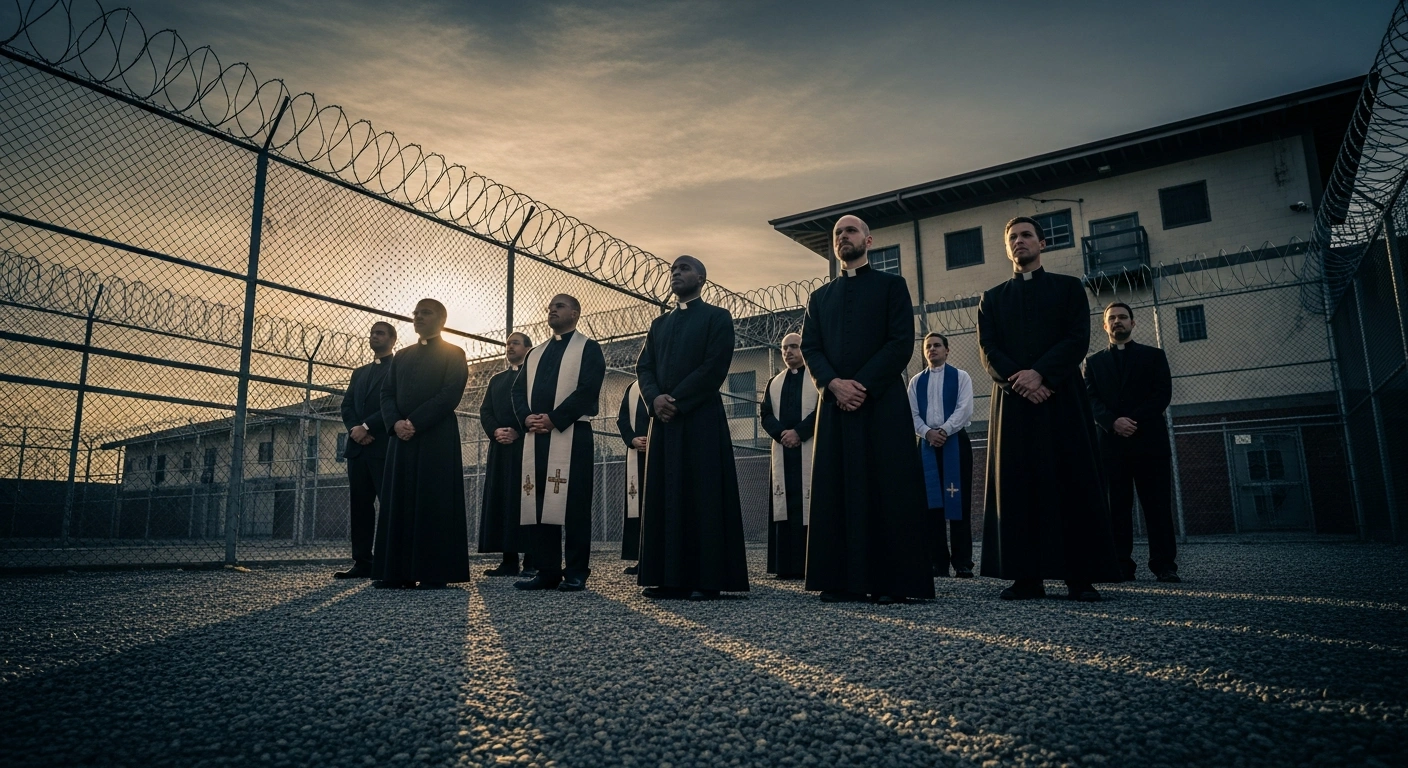 A group of Protestant and Catholic clergy members stand outside the Sherburne County Jail to advocate for pastoral access to detained immigrants.