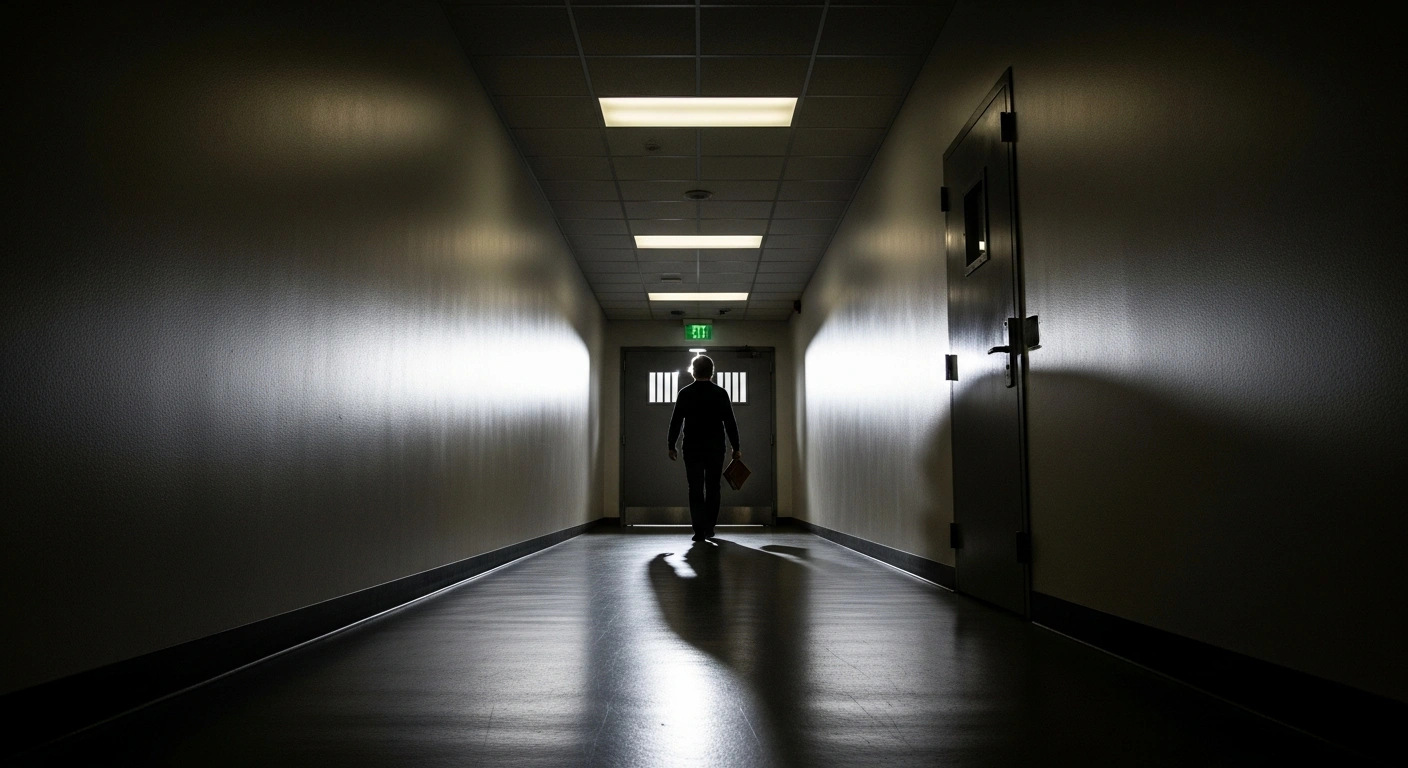 A lone, silhouetted figure walks away from a heavy, closed door at the end of a sterile prison corridor, symbolizing the CLIMB Foundation's decision to end its Prison Education Program in Sint Maarten due to an irreconcilable vision dispute with the Ministry of Justice regarding rehabilitation.