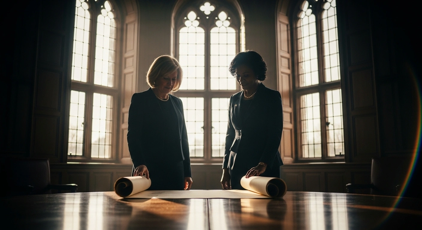 Two distinguished women, representing former U.S. Secretaries of State Hillary Clinton and Condoleezza Rice, stand before a large antique table, looking at a rolled-out document symbolizing a significant peace deal between Israel and Hamas.
