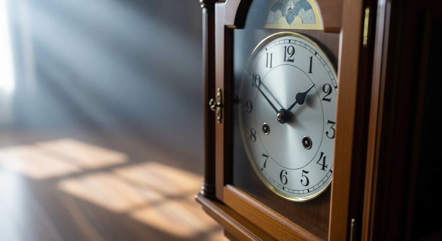 An antique grandfather clock's hands are shown adjusting back one hour, symbolizing the end of Daylight Saving Time and the start of winter time in regions like Portugal, Madeira, and the Azores, with soft morning light filtering through a window.