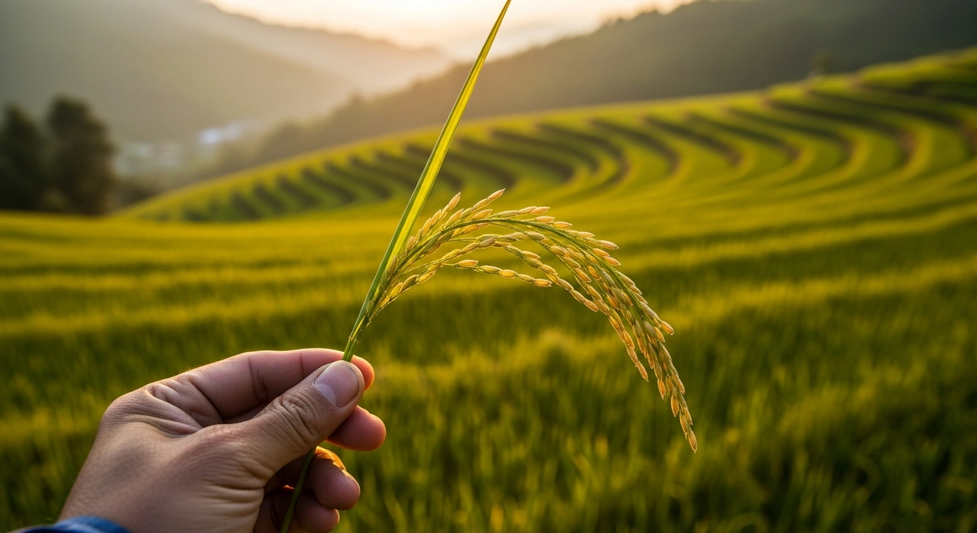 A farmer holds a stalk of hybrid rice in a field, representing the new clonal reproduction method for sustainable agriculture.