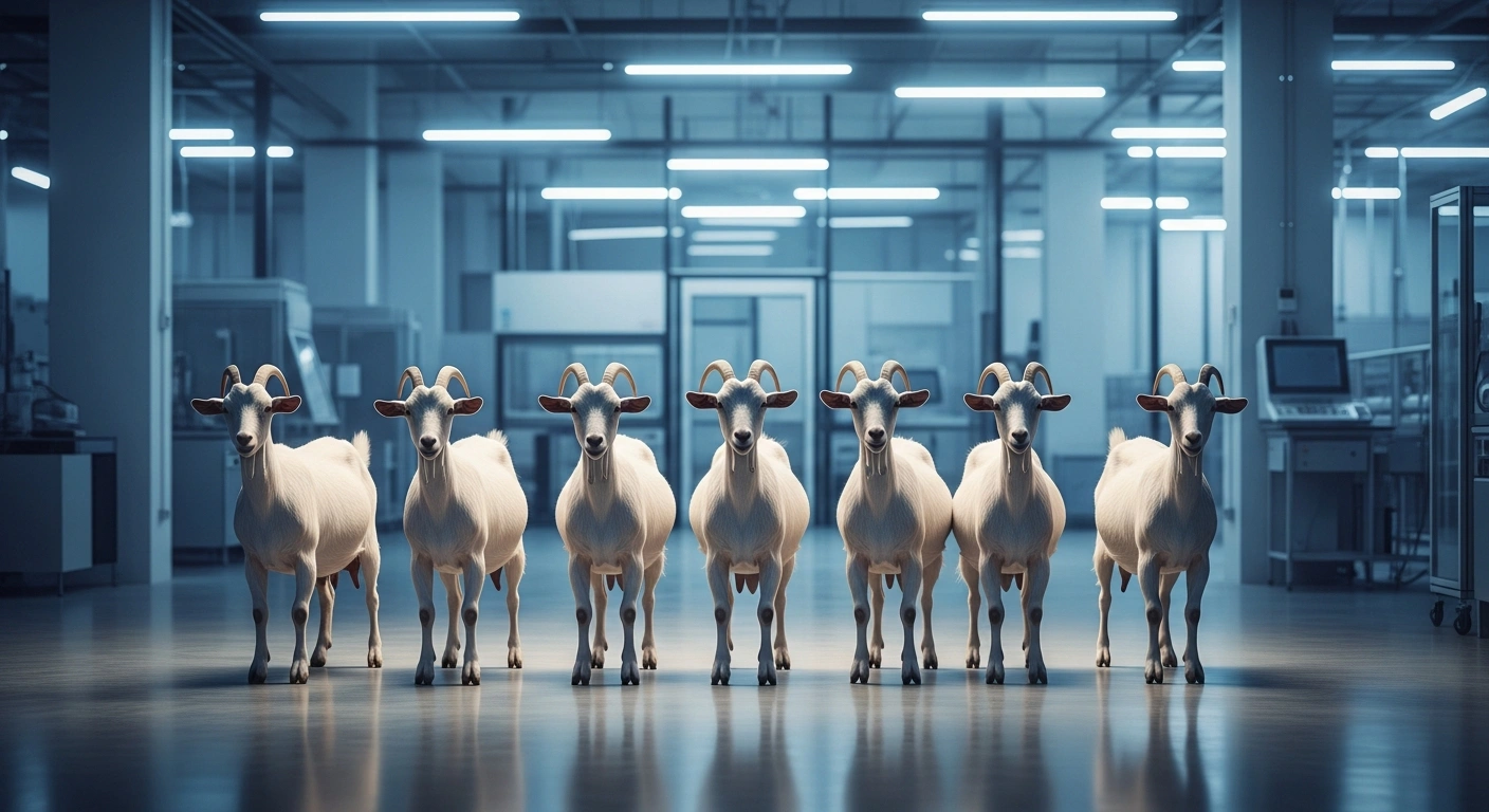 Six identical high-yield dairy goats stand in a modern research laboratory as part of a successful cloning project in China.