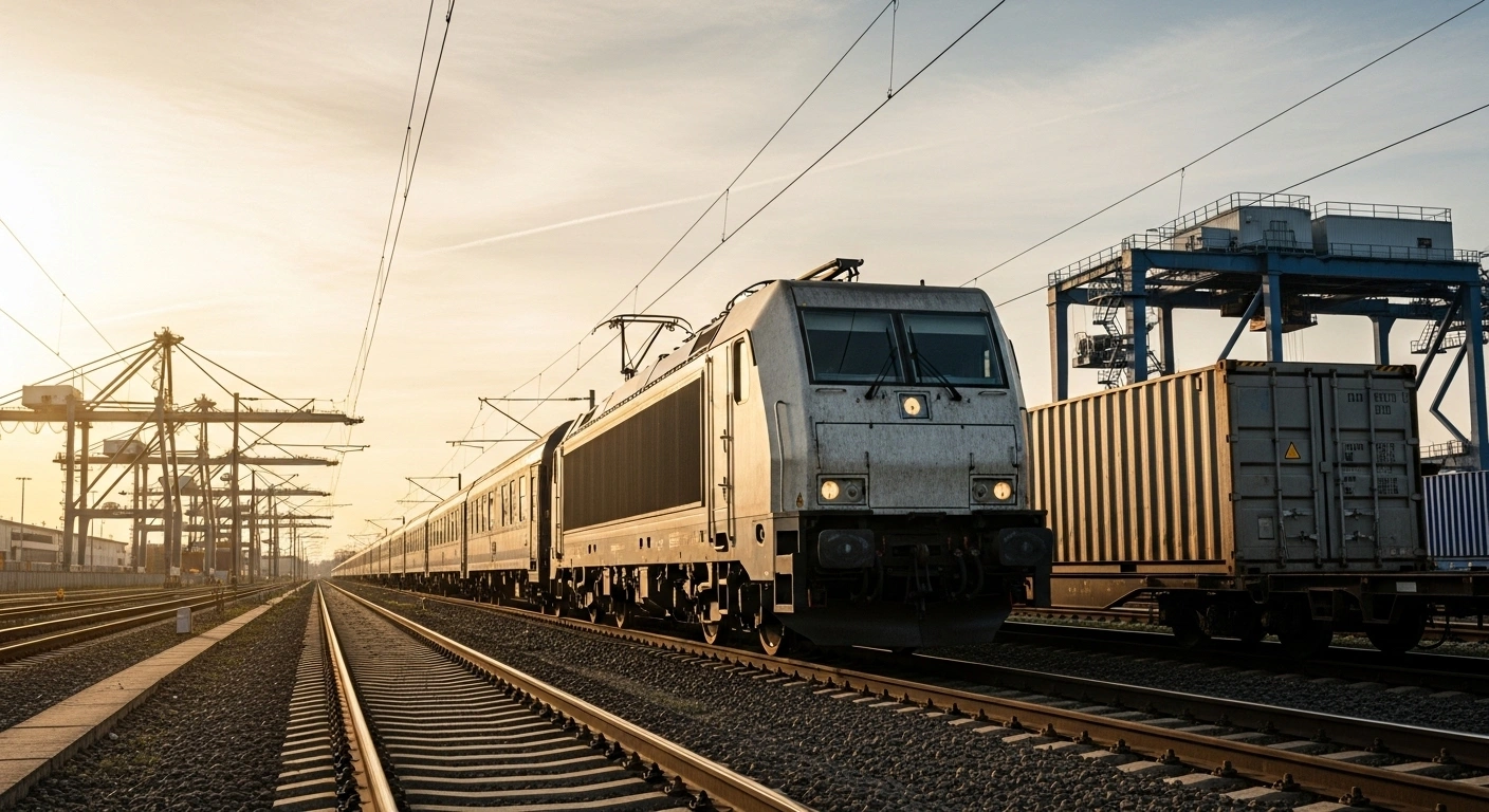 A modern freight train travels on tracks past a busy intermodal logistics terminal with cranes, under a golden sky, symbolizing CMA CGM Group's acquisition of Freightliner Group's UK rail and road operations to enhance intermodal presence and support decarbonization.
