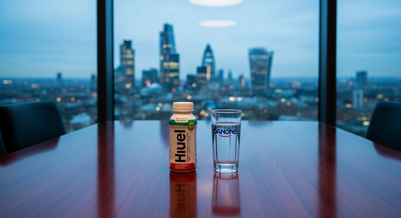 A Huel bottle and a Danone glass sit on a boardroom table as the UK Competition and Markets Authority reviews the proposed acquisition.