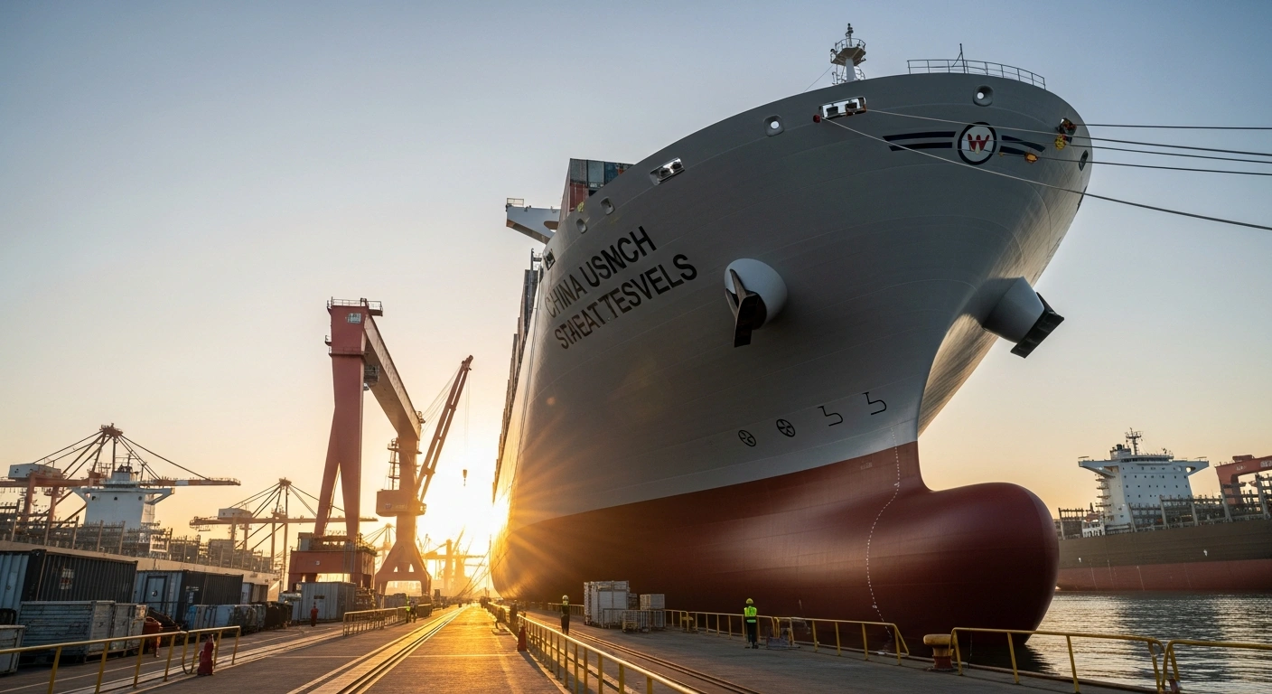 A colossal, newly constructed 3,000 TEU container vessel, equipped with scrubbers, sits in a modern shipyard at dawn, its sleek hull gleaming under the rising sun, symbolizing China Merchants Energy Shipping's investment in optimizing its fleet.