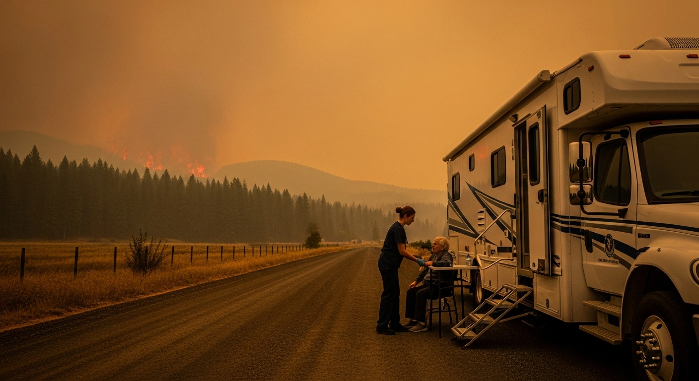 A healthcare worker provides medical assistance to a patient at a mobile clinic in Washington state during the ongoing wildfire emergency.