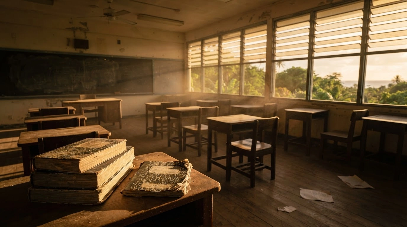 An empty classroom in the Northern Mariana Islands represents the severe financial crisis and funding shortfall facing the CNMI Public School System.