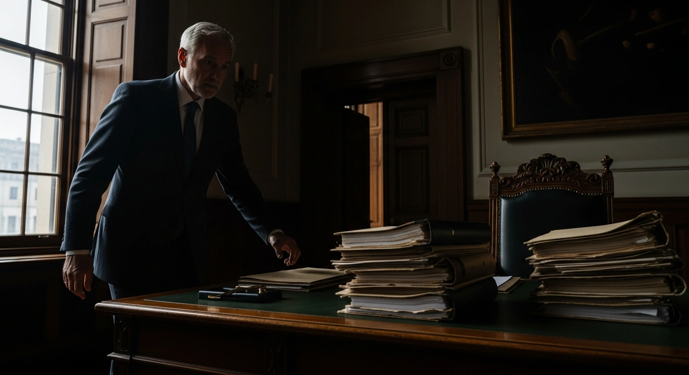 A distinguished man, representing Luxembourg's new CNS president José Balanzategui, stands in a dramatically lit office, contemplating official documents that symbolize the terminated healthcare agreements with the Association of Doctors and Dentists (AMMD).