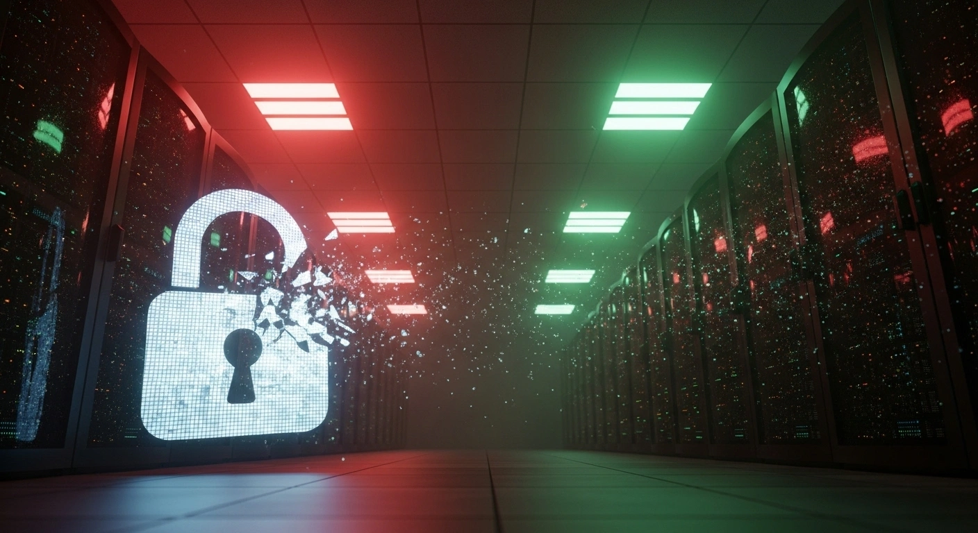 A dimly lit server room with flickering red and green lights, showing corrupted server racks and a shattered digital padlock icon in the foreground, symbolizing the malicious cyber-attack that caused an £80 million profit hit, £206 million in lost revenue, and the theft of personal data from 6.5 million members of the Co-operative Group.
