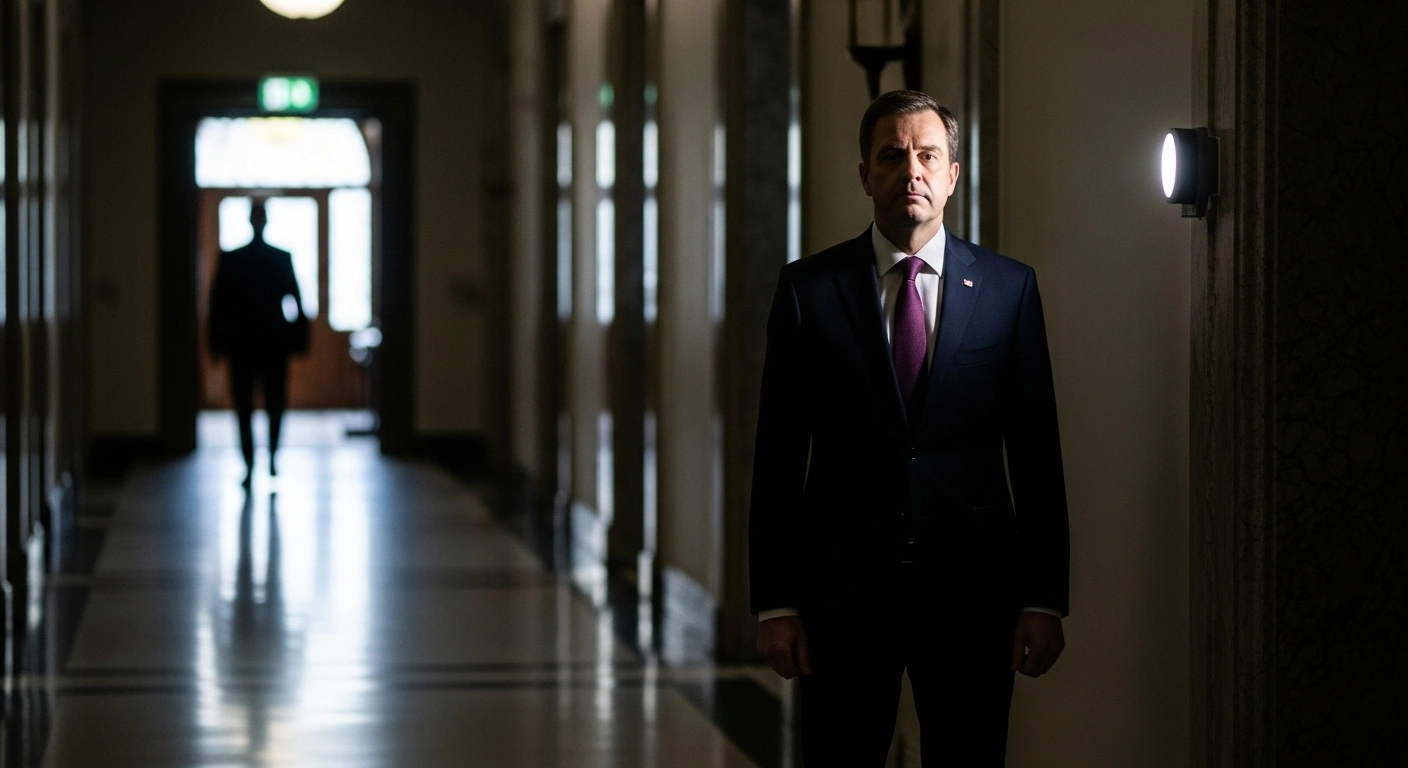 A somber political scene in a dimly lit parliamentary corridor, showing a silhouette of a departing figure against an exit sign, while a new, determined figure stands in the foreground, symbolizing the Australian Coalition's shadow ministry reshuffle following Andrew Hastie's resignation and Jonno Duniam's appointment as Shadow Home Affairs Minister.