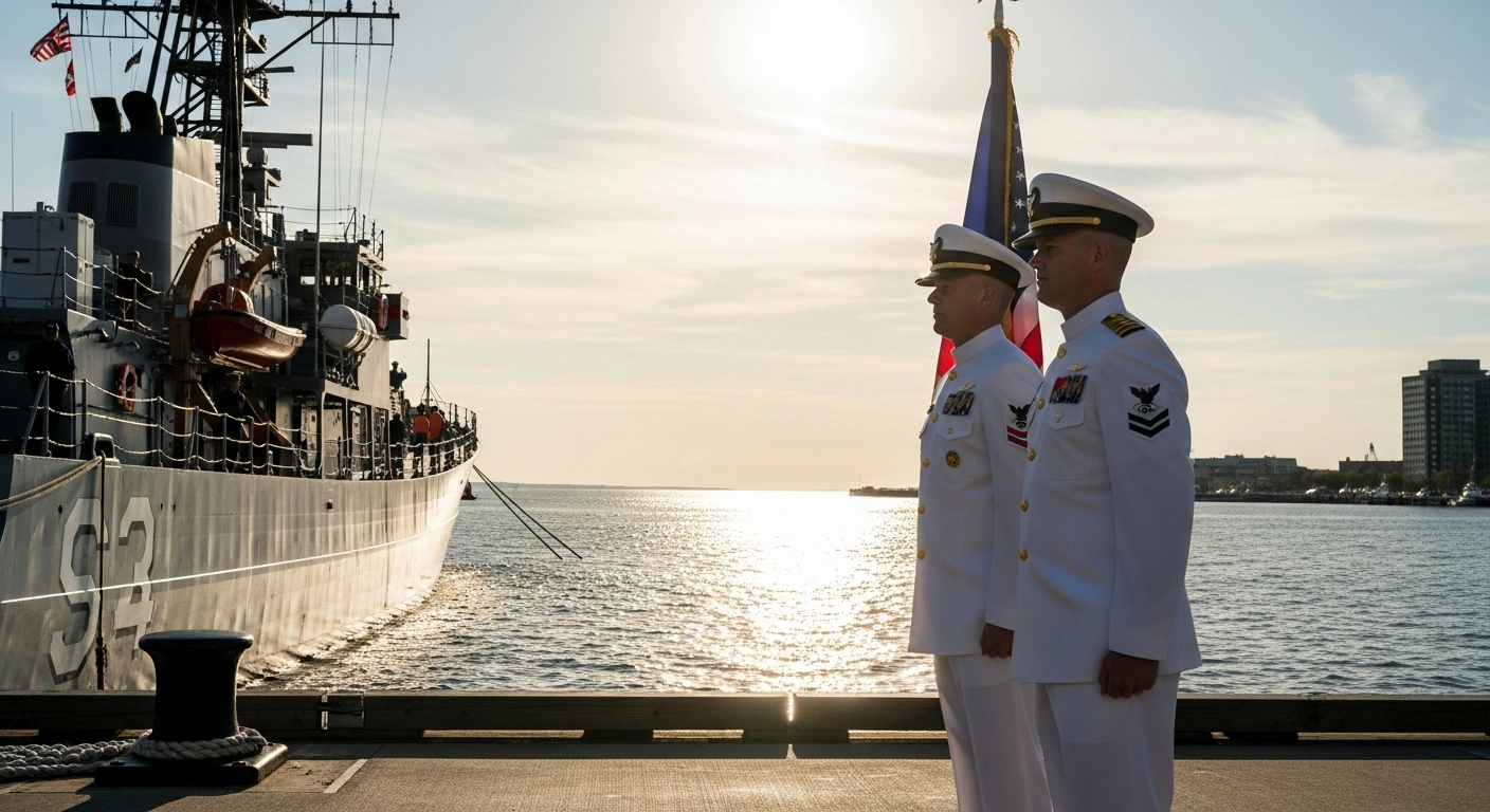 Rear Admiral Matthew Lake and Rear Admiral Michael Platt participate in a formal U.S. Coast Guard change of command ceremony at a pier in Boston.