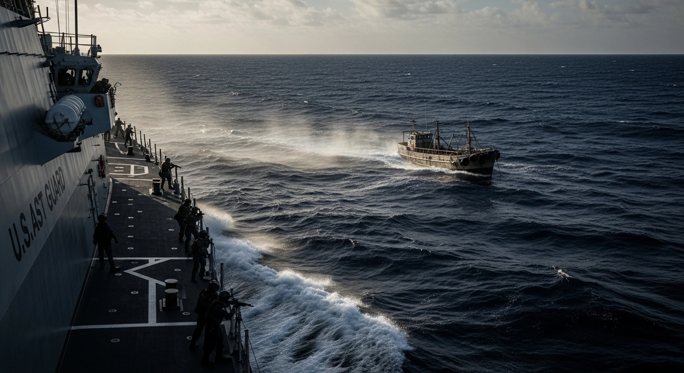 A U.S. Coast Guard cutter conducts a maritime interdiction of a suspected drug-smuggling vessel in the eastern Pacific Ocean.